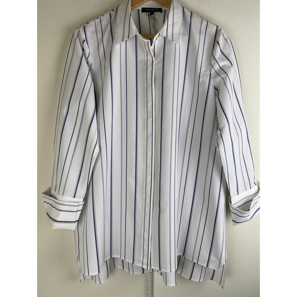 Lafayette 148 Stripe Button Down Shirt White Blue Longline Size L - Picture 7 of 13